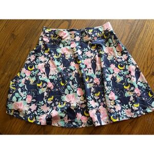 Sailor Moon Luna Cat Floral Skater Skirt Navy Blue Anime Kawaii Mini Skirt MD